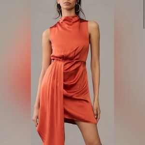 Anthropologie Red Silk Asymmetrical High Neck Mini Dress